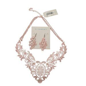 M. Haskell Pink Enamel Floral Statement Necklace Drop Earrings Jewelry Set